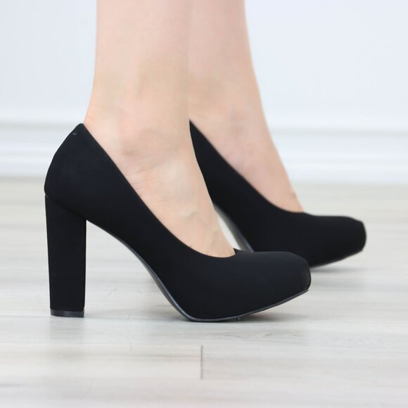 Classic Black Platform Block High Heels Slip On Round Toe Office Pumps Nubuck - Picture 10 of 12